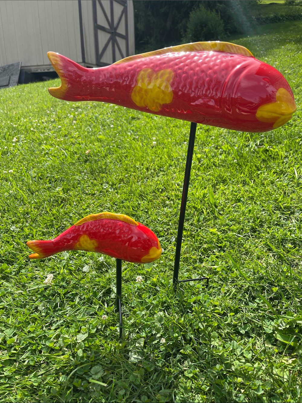 NWT in box Red and Yellow Ceramic Fish Garden Stakes - Decorative  2 Fish/ set